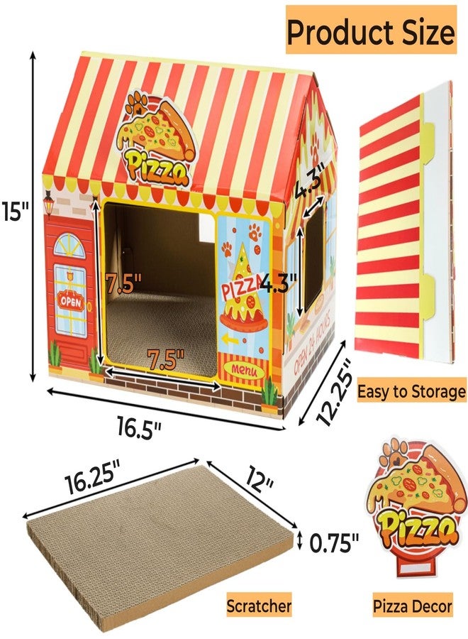 Tlence 2 Pack Cardboard Cat Houses with Scratcher, 16.5''x12.25''x15'' Cat Hideaway Playhouse, Kitty Scratching Beds for Indoor Cats, Pizza Shop Cat Furniture Condo Cave Tent for Bunny Small Animals - Image 2